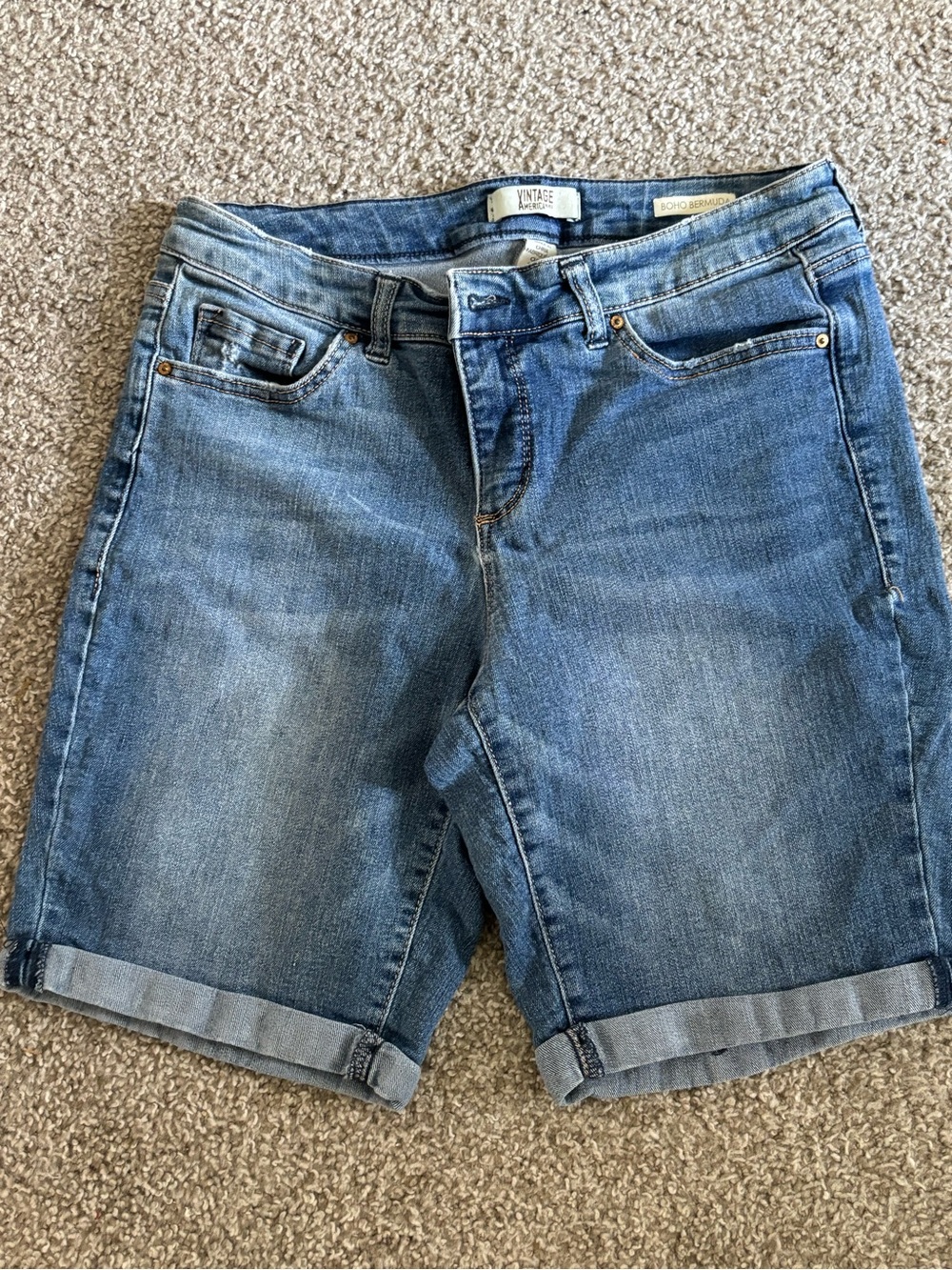 Vintage Blue Roll-Cuff Bermuda Shorts